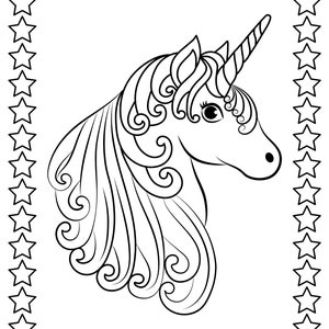 May include: Black and white line art of a unicorn's head with a spiraled horn, flowing mane, and a star-shaped border. The unicorn is facing right, with detailed curls and a whimsical design, perfect for coloring or creative projects.