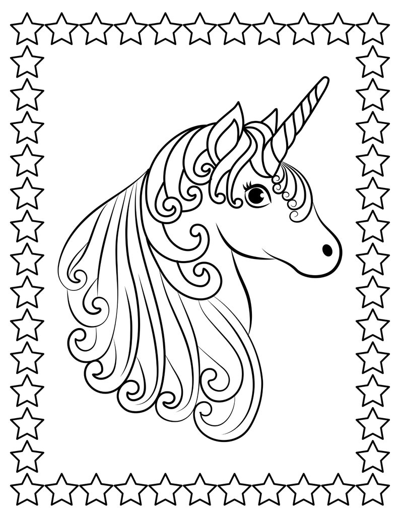 May include: Black and white line art of a unicorn's head with a spiraled horn, flowing mane, and a star-shaped border. The unicorn is facing right, with detailed curls and a whimsical design, perfect for coloring or creative projects.