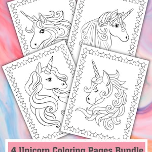 May include: Four unicorn coloring pages with detailed line art. Each page features a different unicorn design, framed by a border of stars. The text "4 Unicorn Coloring Pages Bundle" is displayed at the bottom.