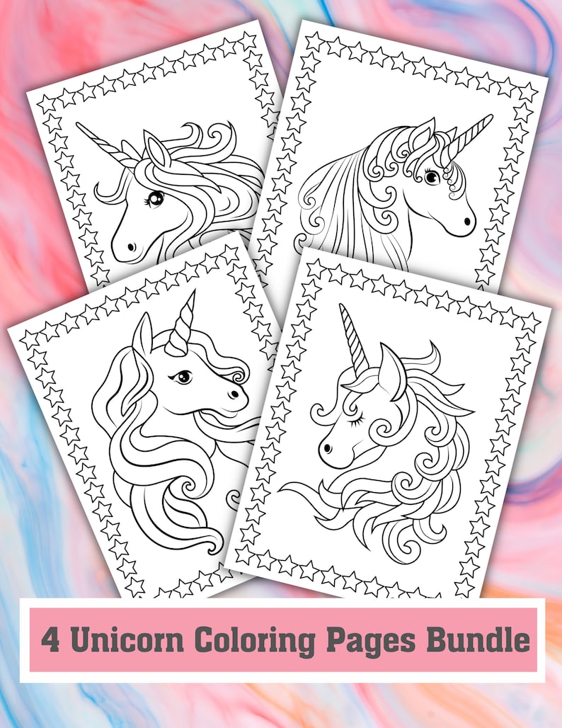 May include: Four unicorn coloring pages with detailed line art. Each page features a different unicorn design, framed by a border of stars. The text "4 Unicorn Coloring Pages Bundle" is displayed at the bottom.