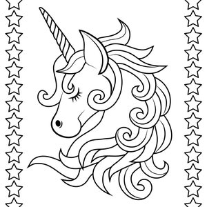 May include: Black and white line art illustration of a unicorn's head with a spiraled horn and flowing mane. The image is framed by a border of stars, creating a whimsical and magical theme, perfect for coloring or design projects.