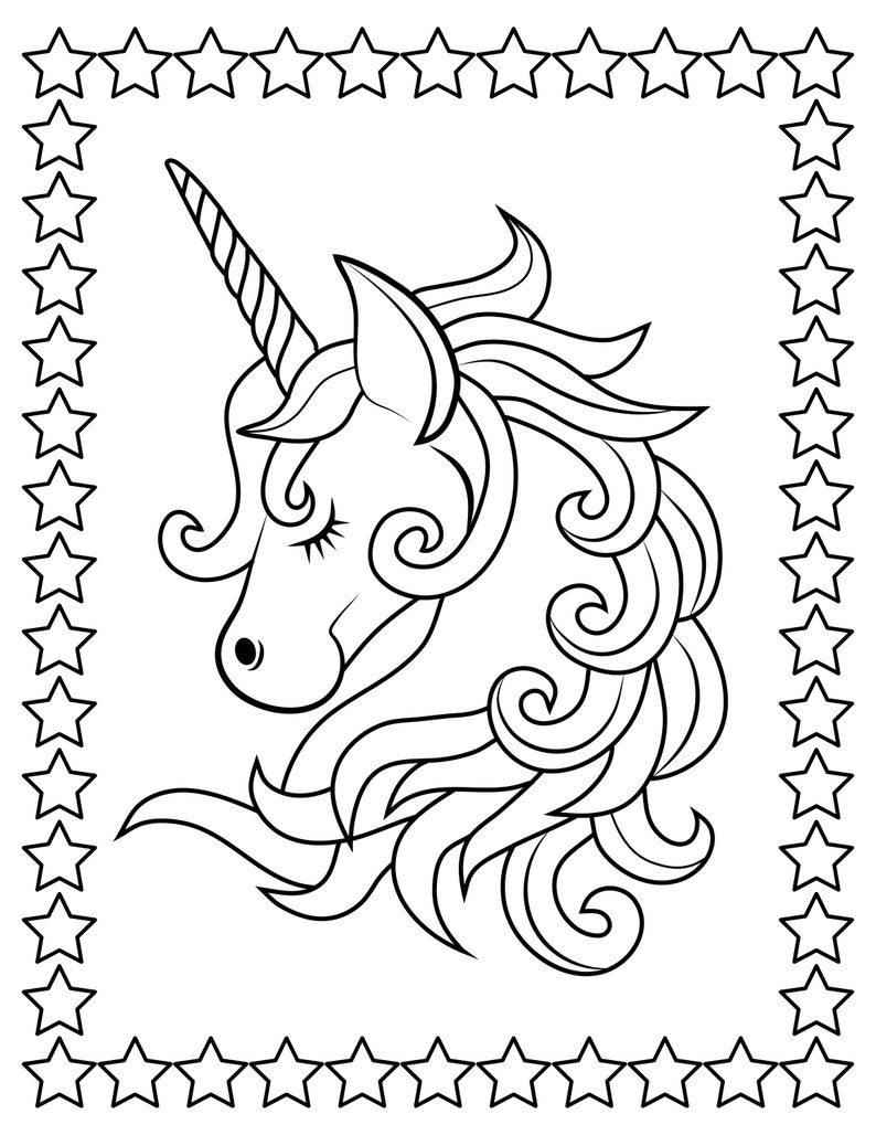 May include: Black and white line art illustration of a unicorn's head with a spiraled horn and flowing mane. The image is framed by a border of stars, creating a whimsical and magical theme, perfect for coloring or design projects.
