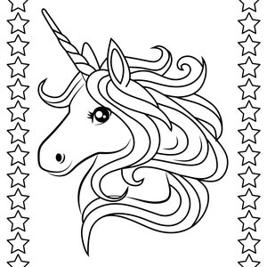 May include: Black and white line art of a unicorn's head with a spiraled horn and flowing mane. The unicorn is centered within a rectangular border of stars, creating a whimsical and magical design, perfect for coloring or crafts.