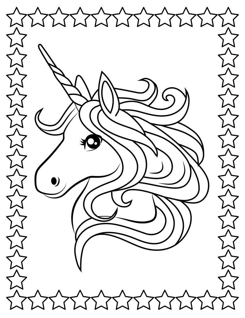 May include: Black and white line art of a unicorn's head with a spiraled horn and flowing mane. The unicorn is centered within a rectangular border of stars, creating a whimsical and magical design, perfect for coloring or crafts.