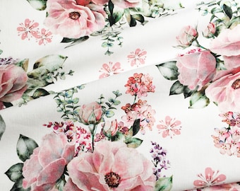 exclusive 100% cotton satin/high quality cotton fabric/watercolor flowers/floral fabric/pink floral pattern fabric/vintage flowers/ 1/2 yard