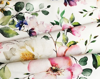 Satin 100 % coton exclusif/tissu en coton de haute qualité/fleurs aquarelles/tissu floral/fleurs vintage/tissu de créateur/1/2 mètre