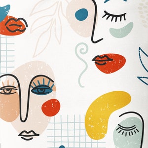 May include: Abstract art print featuring three stylized faces with closed eyes, lips, and eyelashes. The faces are in various shades of blue, green, and red, with a yellow and orange abstract shape in the bottom right corner.