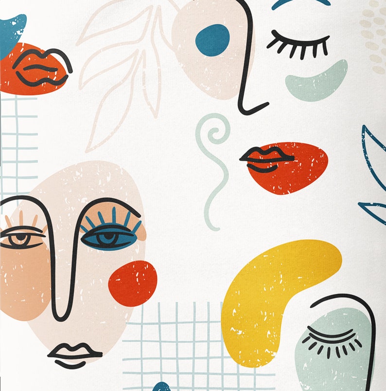 May include: Abstract art print featuring three stylized faces with closed eyes, lips, and eyelashes. The faces are in various shades of blue, green, and red, with a yellow and orange abstract shape in the bottom right corner.