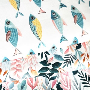 exclusive 100% cotton satin/high quality cotton fabric/premium sateen/watercolor pattern fabric/fish/designer fabric/ 1/2 yard