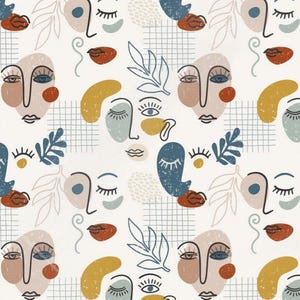 May include: Abstract art print featuring a seamless pattern of stylized faces, leaves, and geometric shapes in shades of blue, yellow, red, and brown.
