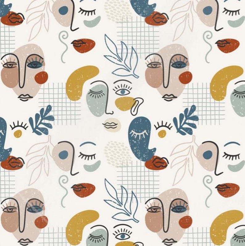 May include: Abstract art print featuring a seamless pattern of stylized faces, leaves, and geometric shapes in shades of blue, yellow, red, and brown.