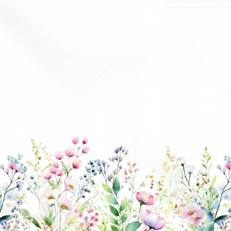 May include: Watercolor painting of a border of pink, white, and blue flowers and green leaves on a white background.
