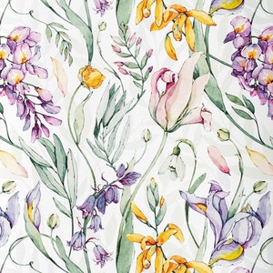 May include: A watercolor floral pattern featuring a variety of flowers in shades of purple, pink, yellow, and white. The flowers include tulips, irises, and orchids, as well as smaller flowers and leaves. The background is a light white.