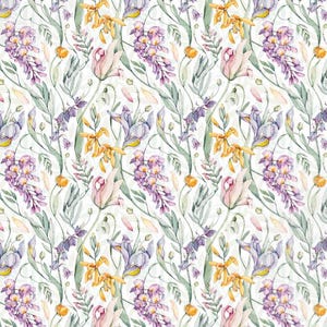 May include: A seamless pattern featuring watercolor illustrations of various flowers in shades of purple, yellow, and pink. The flowers are arranged in a repeating pattern on a white background.