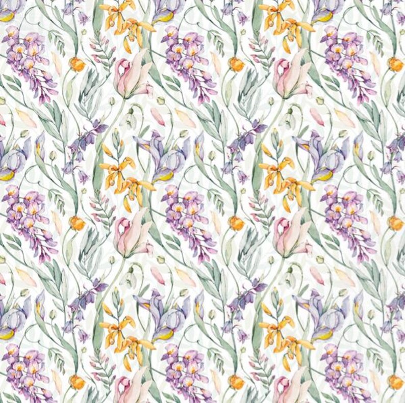 May include: A seamless pattern featuring watercolor illustrations of various flowers in shades of purple, yellow, and pink. The flowers are arranged in a repeating pattern on a white background.
