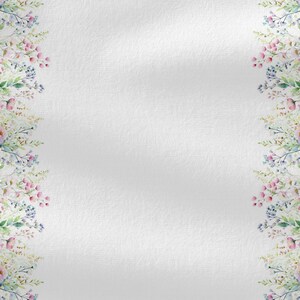 May include: A white background with a border of watercolor flowers in shades of pink, blue, and green. The flowers are arranged in a vertical line on both sides of the image.
