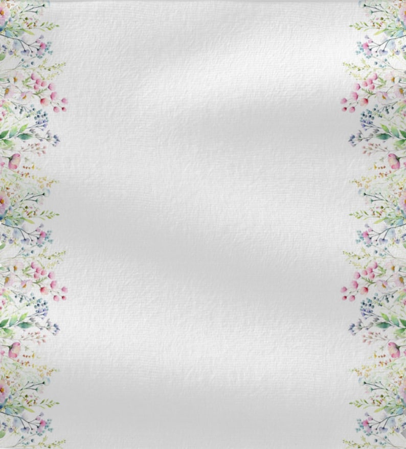 May include: A white background with a border of watercolor flowers in shades of pink, blue, and green. The flowers are arranged in a vertical line on both sides of the image.