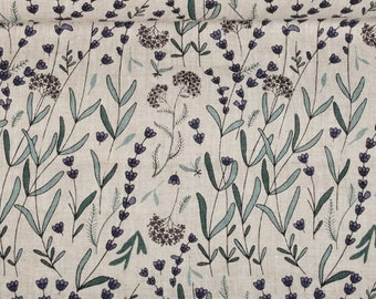 Tela de lino 100% premium/tela de lino floral/tela de lino lavanda pintada/tela de lino estampada natural/estampado floral/lino puro/1/2 yarda