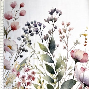 May include: A watercolor floral print fabric featuring delicate pink and purple flowers, green leaves, and small berries on a white background.