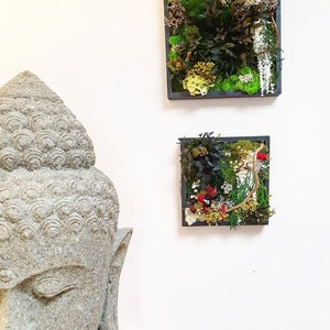 Peut inclure: Deux cadres carrés muraux avec des fleurs séchées et de la verdure. La pièce du haut a une base de mousse vert clair avec des fleurs séchées dans des tons de vert, blanc et marron. La pièce du bas a une base de mousse vert foncé avec des fleurs séchées dans des tons de rouge, blanc et vert.