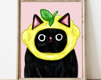 Cat artwork - Fruit Print - Cat Fruit Art - Lemon Decor - Lemon Kitchen Decor Lemon Cat - Black Cat Decor - Lemon Art