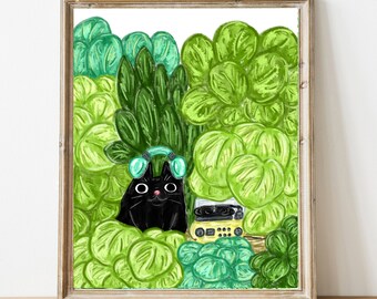 Black Cat Art / Black Cat Print / Black Cat illustrazione / Plant Cat Art / Houseplant art / Cat Painting / Houseplant Print / Music Art