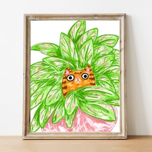 Cat Art Print - Cat painting - Cat Plant Print - Houseplant Cat Print - Plant Prints - Houseplant Art - Orange Cat Print - Orange Tabby Cat