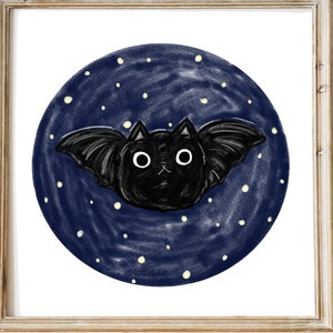 May include: A black bat with large eyes flies against a dark blue background with white stars.
