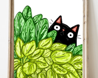 Cats and plants painting - black cat gift - black cat plant illustration - big eyes cat art - pothos plant art - cartoon cat art - green art