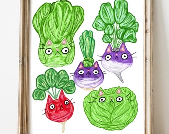 May include: Five cartoon cats with different colored fur are drawn as vegetables. One cat is a green cabbage, one is a red radish, one is a purple turnip, and two are green turnips. The cats have white eyes and black whiskers.
