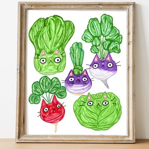 May include: Five cartoon cats with different colored fur are drawn as vegetables. One cat is a green cabbage, one is a red radish, one is a purple turnip, and two are green turnips. The cats have white eyes and black whiskers.