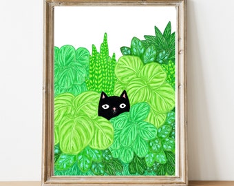 Cat Print / Kat en Kamerplanten Print / Kamerplant Art / Kat Illustratie / Zwarte Kat Print / Kamerplant Illustratie / Katten en Planten Kunst