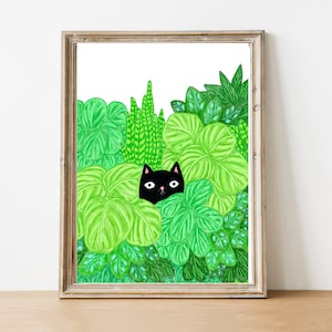 Cat Print / Cat and Houseplants Print / Houseplant Art / Cat Illustration / Black Cat Print / Houseplant Illustration / Cats and Plants Art