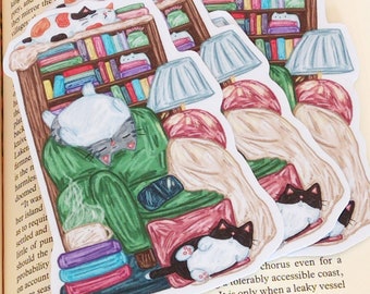 Cozy reading cat bookshelf bookmark