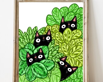 Arte del gatto nero - Arte del gatto - Pittura del gatto nero - Stampa del gatto - Arte del gatto carino - Pittura di gatti e piante - Arte vegetale - Calathea Art Print