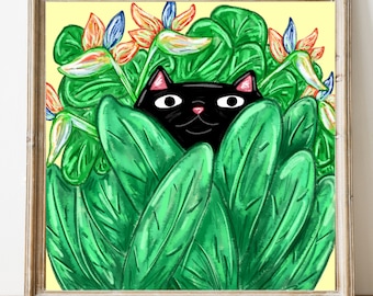 Puede incluir: Un gato negro con nariz rosa y bigotes asoma desde detrás de un grupo de hojas verdes y flores naranjas, azules y amarillas.