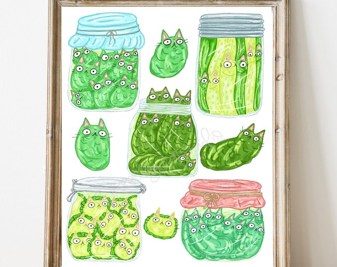 Pickle art print - kitchen pickle wall art - canned pickles painting - funny cat kitchen decor - pickle canning painting - cat art print