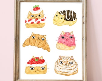 French pastry print - Pastry cat print -Kawaii cat pastry art - Donut cat art - Croissant art print - Eclair art print - Pink kawaii cat art