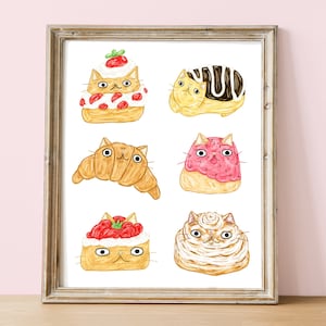 French pastry print - Pastry cat print -Kawaii cat pastry art - Donut cat art - Croissant art print - Eclair art print - Pink kawaii cat art