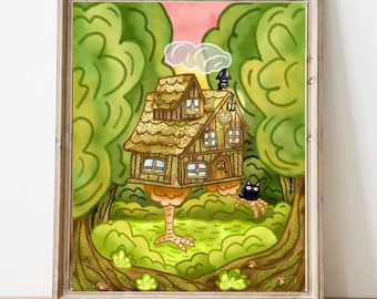 Baba Yaga chicken hut black cat folklore art print