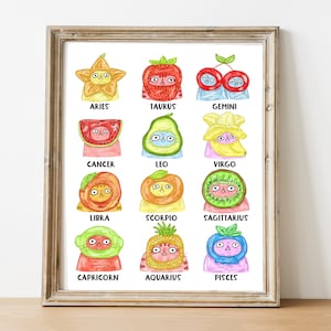 Impresión de signos de astrología de gatos, arte del zodiaco de gatos, pintura de 12 signos estelares, impresión del horóscopo, arte de cocina de frutas de gatos, arte de pared colorido y funky