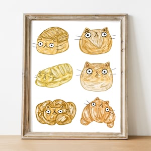 May include: A digital illustration of six cats drawn to look like different types of bread. The cats are drawn in a cartoon style with simple lines and bright colors. The cats are all smiling and have big eyes. The bread is drawn in a realistic style with details like the crust and the crumb.