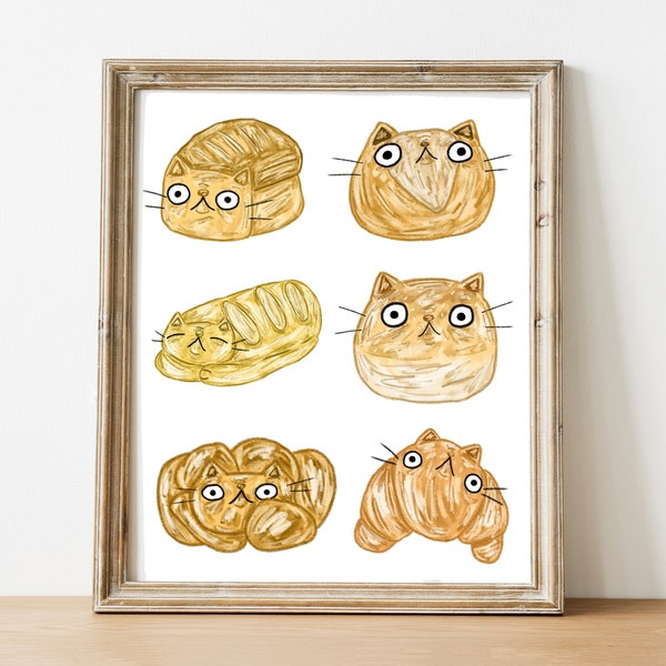 Bread Art Print - Cat Loaf Print - Artisan Bread Painting - Types of Bread Print - Baking Print - Cat Bread Art - Kitchen Art - Cute Cat Art