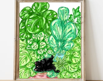 Houseplant illustration - Plant and cat art print - black cat art - plant illustration - jungle illustration art print - sleeping cat print