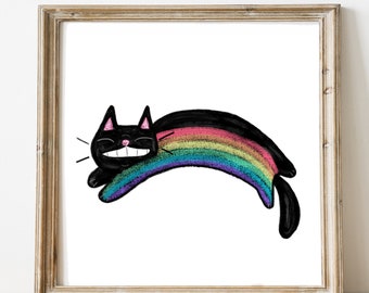 Rainbow Cat Art Print - Pride Rainbow Print - Lucky Cat Print - Cute Cat Art - Kawaii Rainbow - Kawaii Cat Print - Rainbow Kids Decor