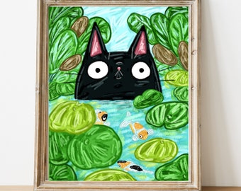 三毛猫と鯉の油絵：睡蓮の池のアート - Etsy 日本