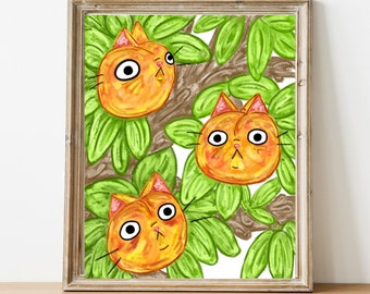 Peach Art Print - Cat Fruit Print - Cat Kitchen Art - Fruit Print - Cute Fruit Art - Cute Cat Art - Peach Painting - Kawaii Peach - Cat Art