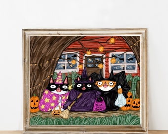 Sztuka kota na Halloween - Sztuka „cukierek albo psikus” - Wydruk na Halloween - Sztuka czarownic - Wydruk sztuki kota - Straszna sztuka - Wydruk domku