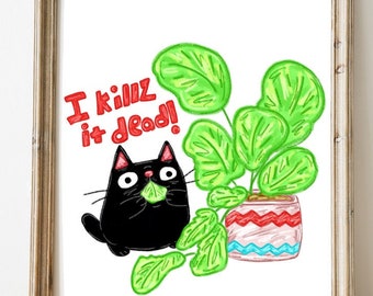 Stampa gatti e piante - stampa gatto nero - arte divertente gatto - arte pianta di casa - gatto mangia piante stampa - regali per amanti dei gatti - regali mamma gatto