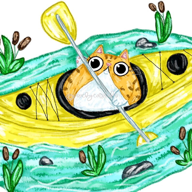 Puede incluir: Un gato jengibre con ojos grandes se sienta en un kayak amarillo remando con un remo de madera. El kayak flota en un r&iacute;o turquesa con juncos verdes y rocas marrones.